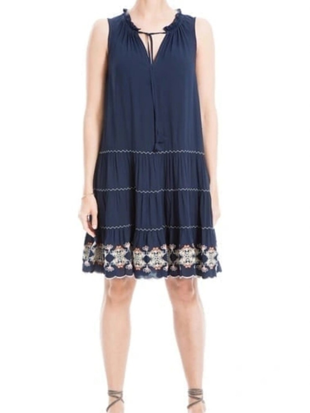 Max Studio Sleeveless Navy Embroidered Tiered Dress
